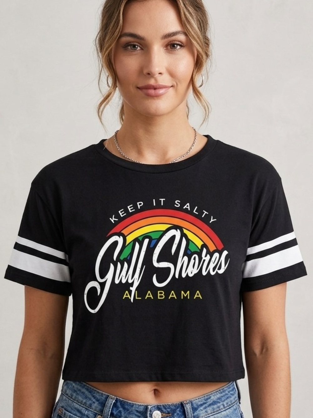 Blu Rock Gulf Shores Alabama Crop Top Size Medium NWT Black Rainbow Tee